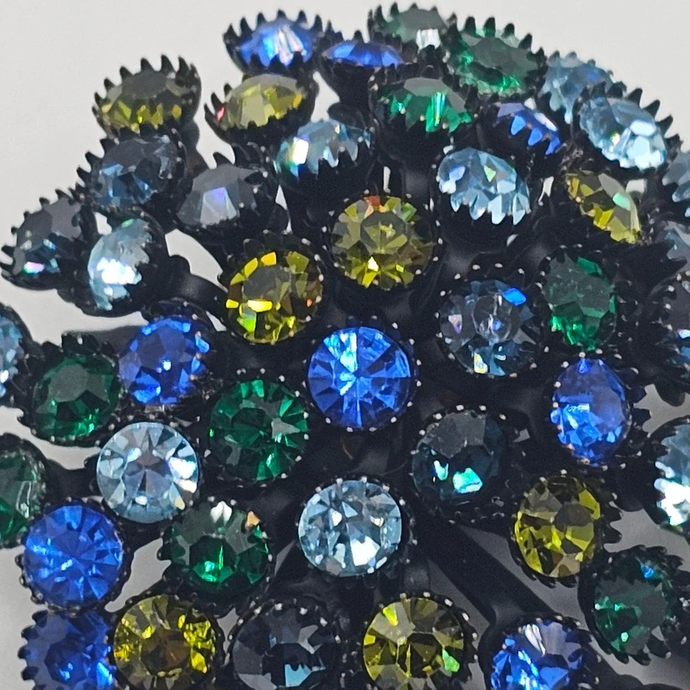 Vtg Rhinestone Brooch Dome Cluster Japanned Peacock Blue Green Statement 2